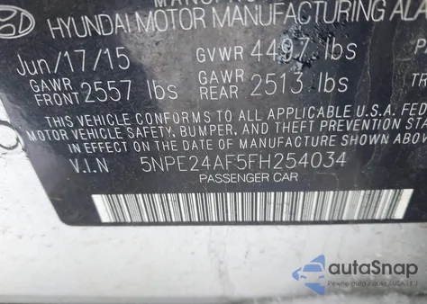 2015 Hyundai Sonata Se z USA, uszkodzony, nr VIN 5NPE24AF5FH254034